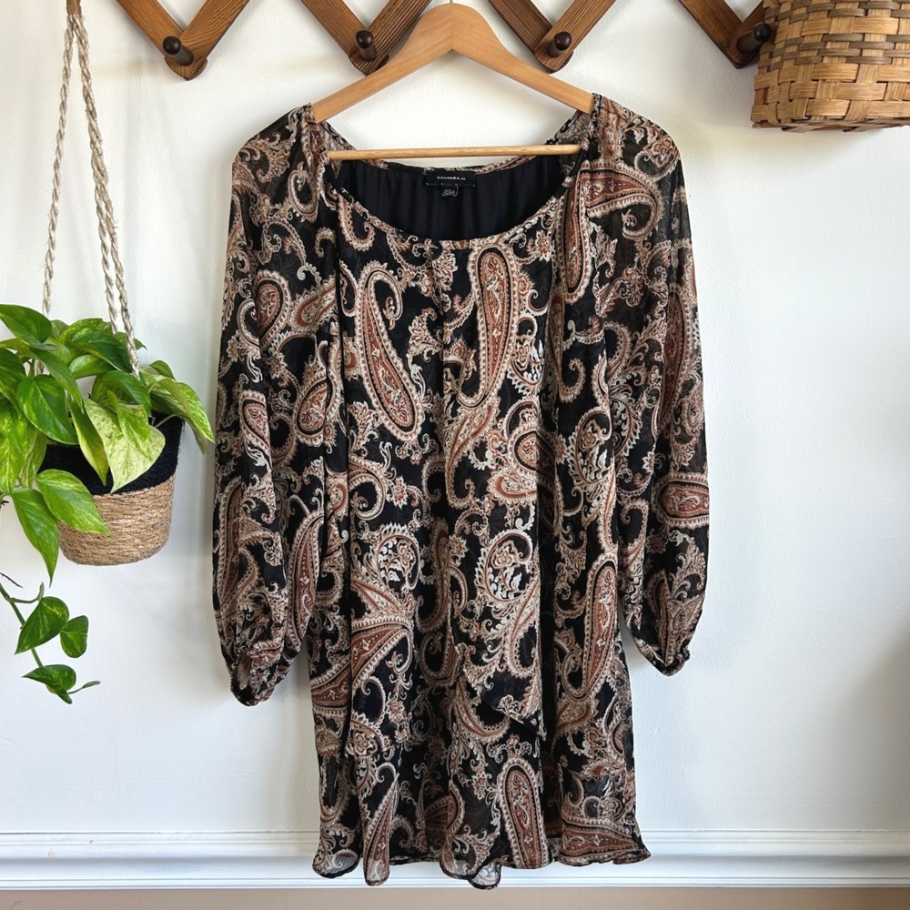 Tamara H. Womens 1X Paisley Print Tiered Chiffon Blouse Black Brown Boho
